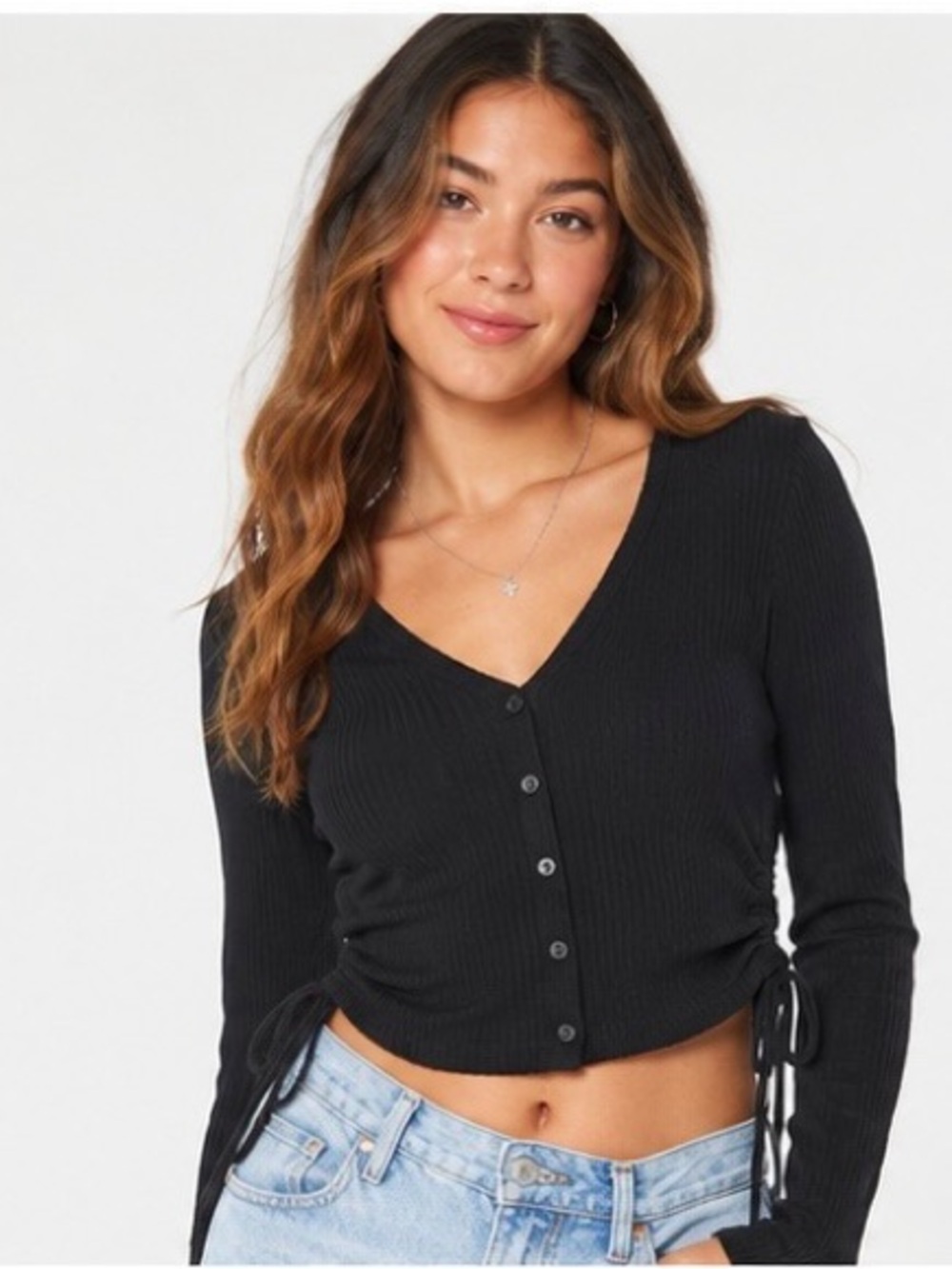 Hollister Baby Tee Ribbed Long Sleeve Side Tie Top Black Women’s XS NWT